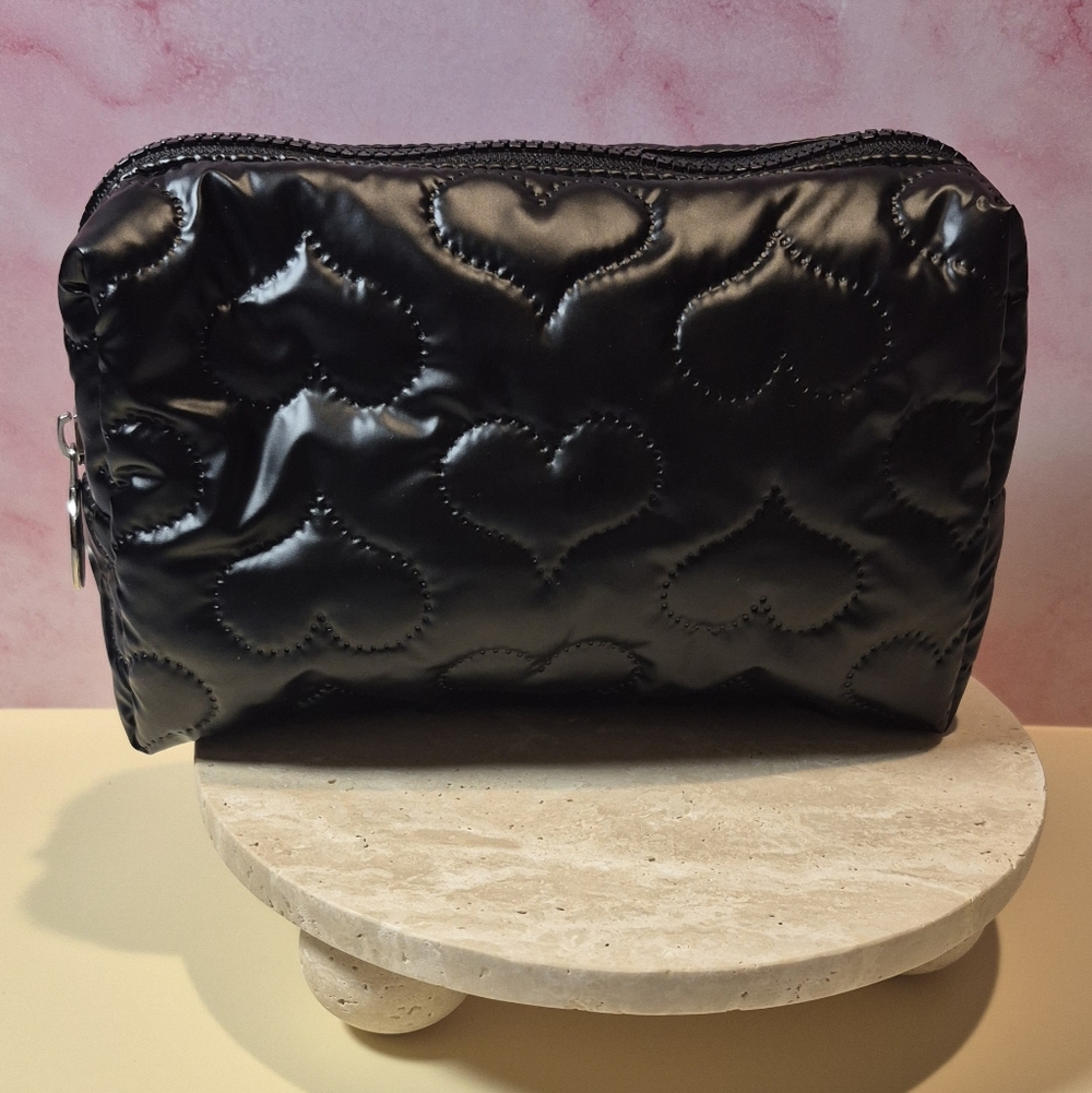 Elegant Black Heart Quilted Cosmetic Travel Bag